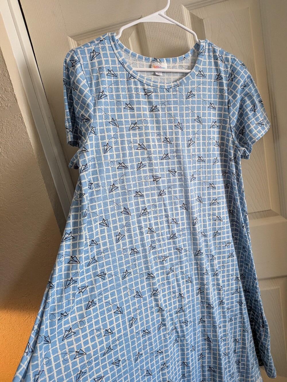 LuLaRoe Light Blue and White High Low Dress with Paper Airplane Print